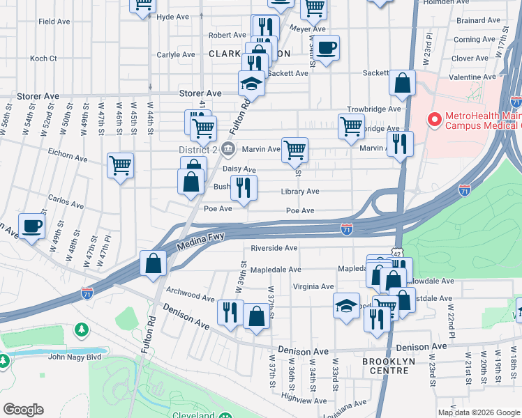 map of restaurants, bars, coffee shops, grocery stores, and more near 3719 Poe Avenue in Cleveland