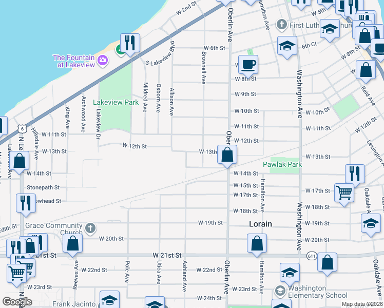 map of restaurants, bars, coffee shops, grocery stores, and more near 1317 West 13th Street in Lorain