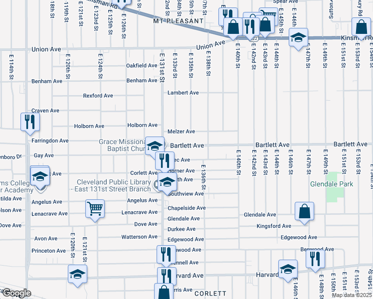 map of restaurants, bars, coffee shops, grocery stores, and more near 13305 Svec Avenue in Cleveland