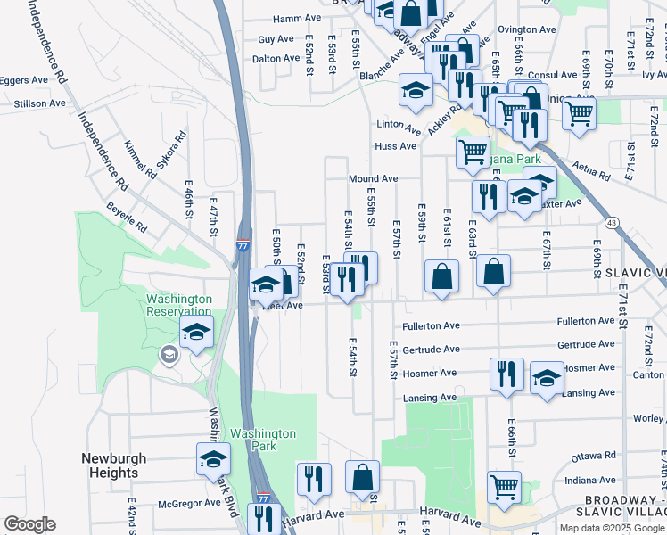 map of restaurants, bars, coffee shops, grocery stores, and more near 3718 East 54th Street in Cleveland