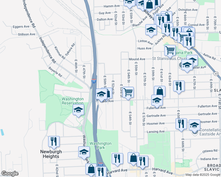 map of restaurants, bars, coffee shops, grocery stores, and more near 3714 East 50th Street in Cleveland