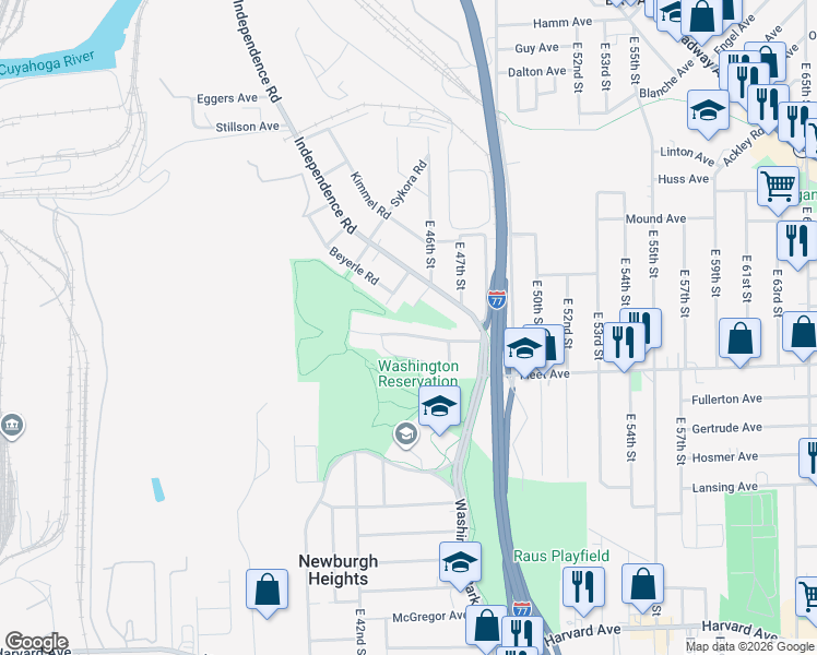 map of restaurants, bars, coffee shops, grocery stores, and more near 4409 Cullen Drive in Cleveland