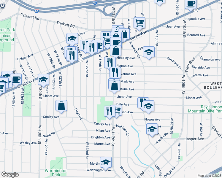 map of restaurants, bars, coffee shops, grocery stores, and more near 3525 West 118th Street in Cleveland