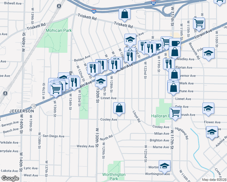 map of restaurants, bars, coffee shops, grocery stores, and more near 3514 West 127th Street in Cleveland