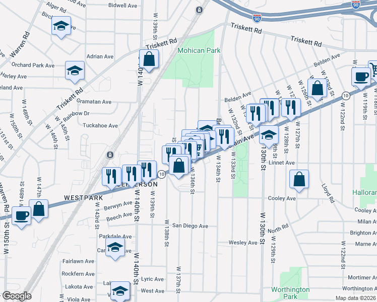 map of restaurants, bars, coffee shops, grocery stores, and more near 13510 Lorain Avenue in Cleveland
