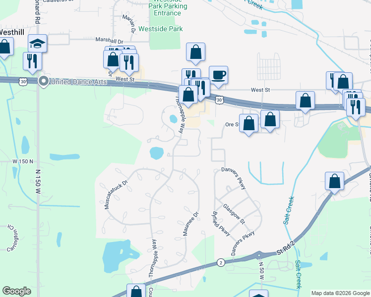 map of restaurants, bars, coffee shops, grocery stores, and more near 1268 Vanderburgh Street in Valparaiso