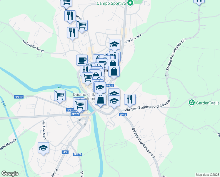 map of restaurants, bars, coffee shops, grocery stores, and more near 58 Strada Provinciale Leuciana in Pontecorvo