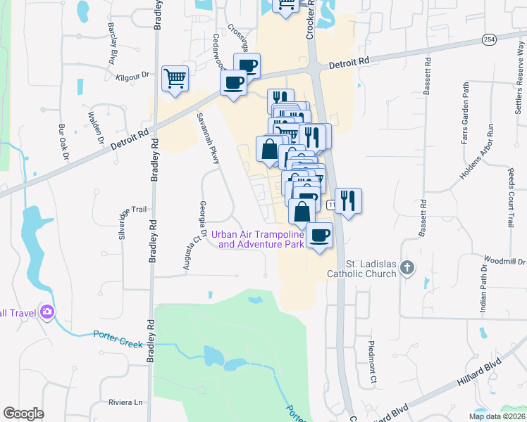 map of restaurants, bars, coffee shops, grocery stores, and more near 185 Ashbourne Drive in Westlake