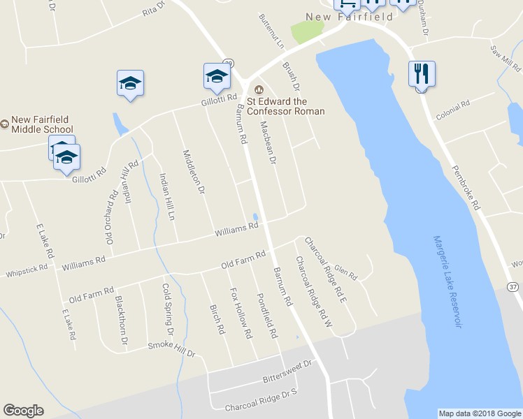 map of restaurants, bars, coffee shops, grocery stores, and more near 21 Barnum Road in New Fairfield