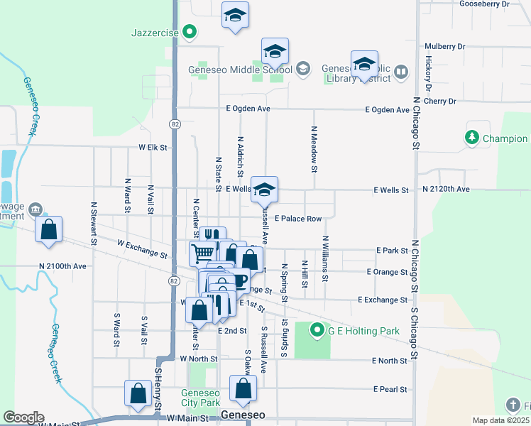 map of restaurants, bars, coffee shops, grocery stores, and more near 415 North Russell Avenue in Geneseo