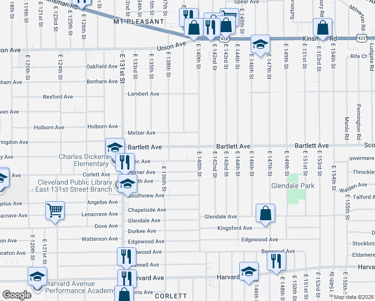 map of restaurants, bars, coffee shops, grocery stores, and more near 3758 East 140th Street in Cleveland