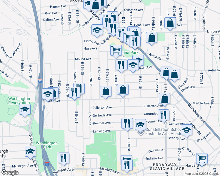 map of restaurants, bars, coffee shops, grocery stores, and more near 3724 East 63rd Street in Cleveland