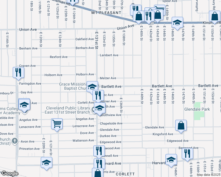 map of restaurants, bars, coffee shops, grocery stores, and more near 13408 Bartlett Avenue in Cleveland
