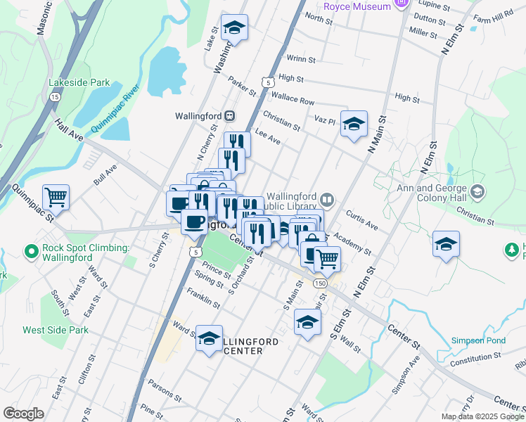 map of restaurants, bars, coffee shops, grocery stores, and more near 56 North Orchard Street in Wallingford