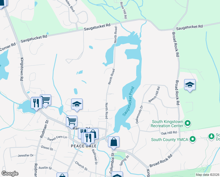 map of restaurants, bars, coffee shops, grocery stores, and more near 193 North Road in South Kingstown