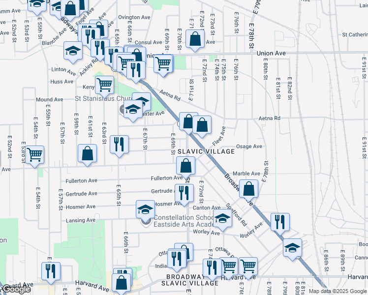 map of restaurants, bars, coffee shops, grocery stores, and more near 3718 East 71st Street in Cleveland
