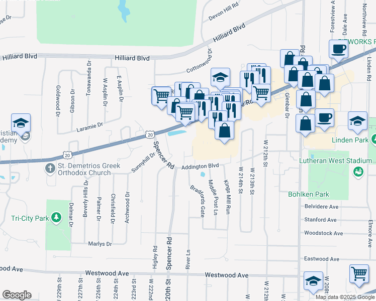 map of restaurants, bars, coffee shops, grocery stores, and more near 21900 Addington Boulevard in Rocky River