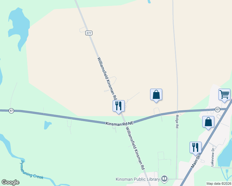 map of restaurants, bars, coffee shops, grocery stores, and more near 8661 Williamsfield Kinsman Road in Kinsman