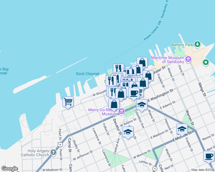 map of restaurants, bars, coffee shops, grocery stores, and more near 300 West Shoreline Drive in Sandusky