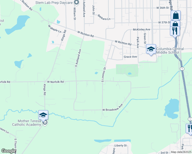 map of restaurants, bars, coffee shops, grocery stores, and more near 1434 West Norfolk Road in Crete