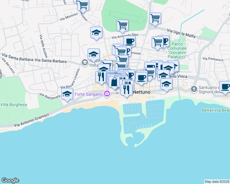 map of restaurants, bars, coffee shops, grocery stores, and more near Via Antonio Gramsci in Nettuno