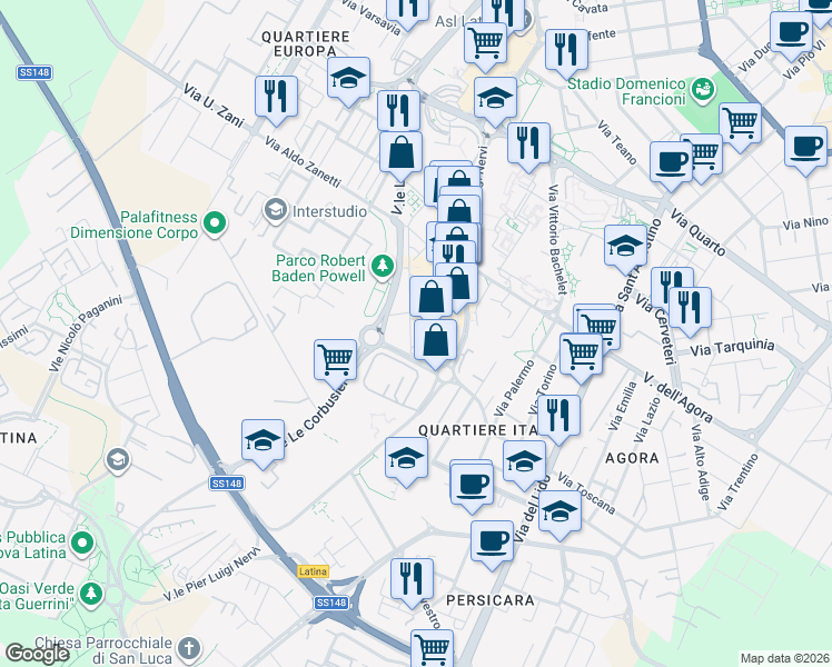map of restaurants, bars, coffee shops, grocery stores, and more near 297 Viale Le Corbousier in Latina