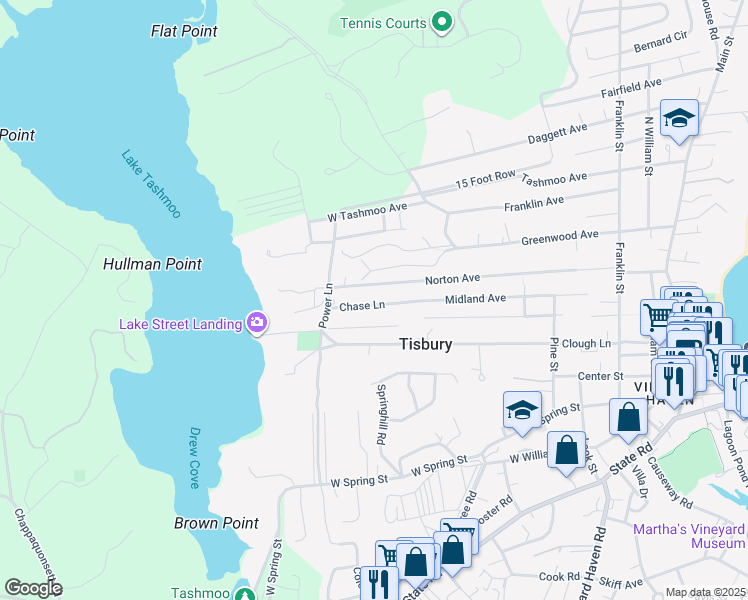 map of restaurants, bars, coffee shops, grocery stores, and more near 41 Chase Lane in Tisbury
