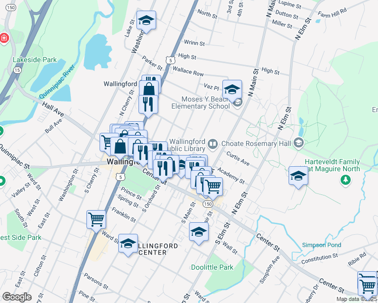 map of restaurants, bars, coffee shops, grocery stores, and more near 110 Church Street in Wallingford