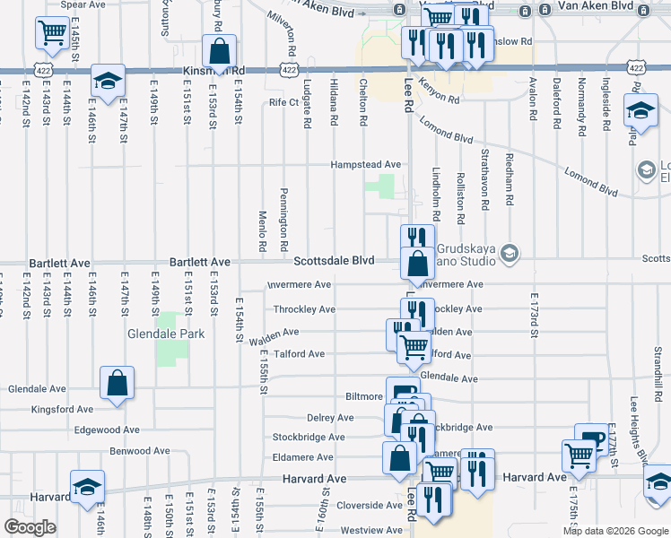 map of restaurants, bars, coffee shops, grocery stores, and more near 16101 Invermere Avenue in Cleveland