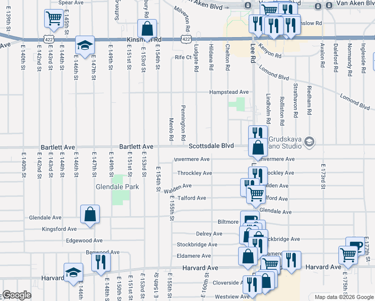 map of restaurants, bars, coffee shops, grocery stores, and more near 15805 Invermere Avenue in Cleveland