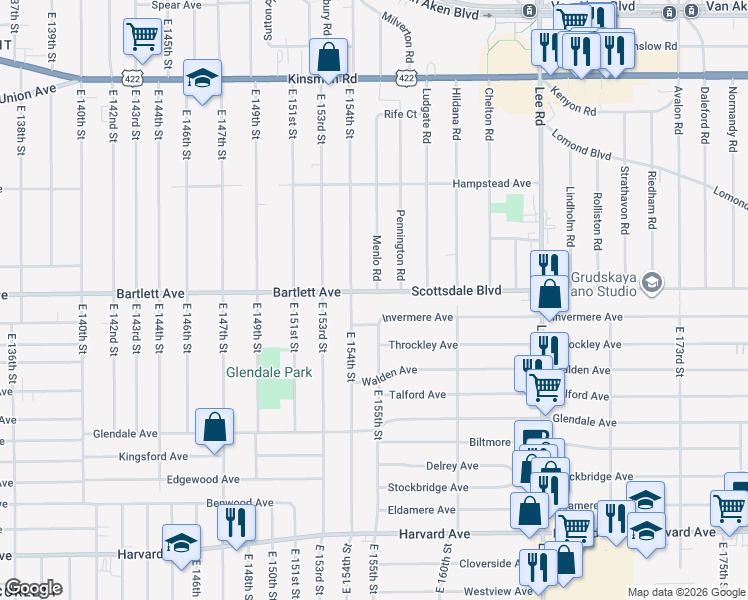 map of restaurants, bars, coffee shops, grocery stores, and more near 15509 Invermere Avenue in Cleveland
