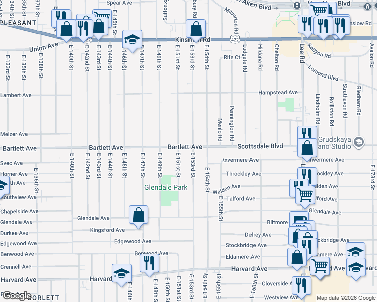 map of restaurants, bars, coffee shops, grocery stores, and more near 3764 East 153rd Street in Cleveland