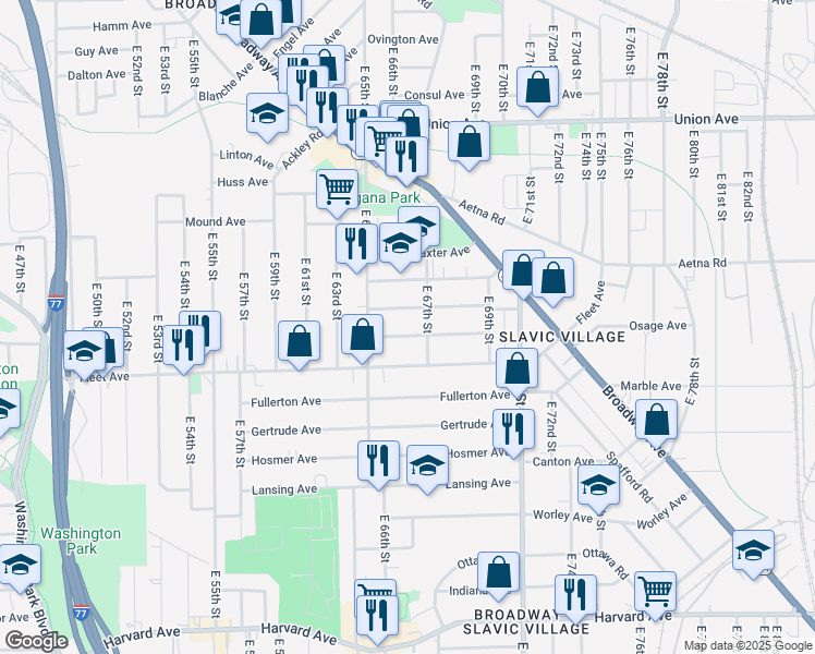 map of restaurants, bars, coffee shops, grocery stores, and more near 6608 Sebert Avenue in Cleveland
