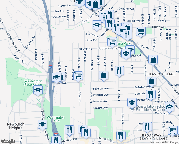 map of restaurants, bars, coffee shops, grocery stores, and more near 3727 East 57th Street in Cleveland