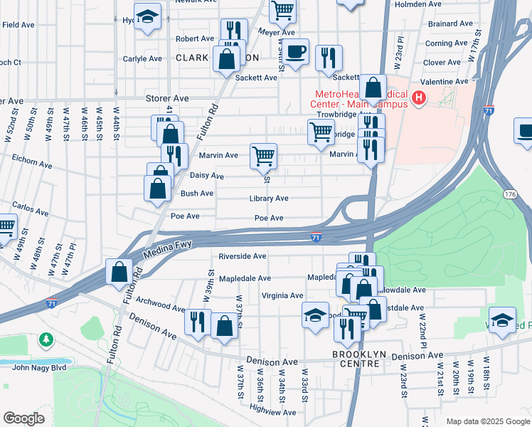 map of restaurants, bars, coffee shops, grocery stores, and more near 3517 Poe Avenue in Cleveland
