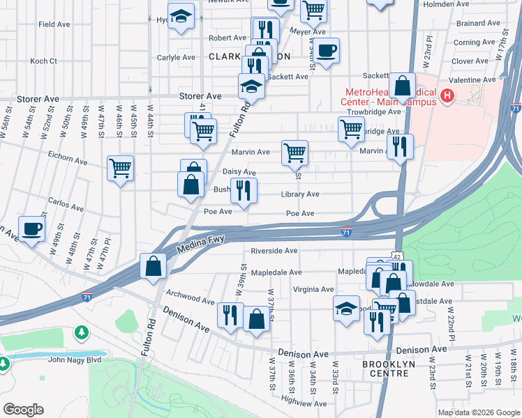 map of restaurants, bars, coffee shops, grocery stores, and more near 3719 Poe Avenue in Cleveland