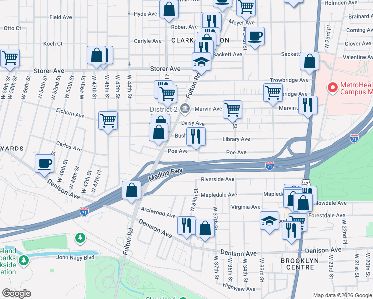 map of restaurants, bars, coffee shops, grocery stores, and more near 3917 Poe Avenue in Cleveland
