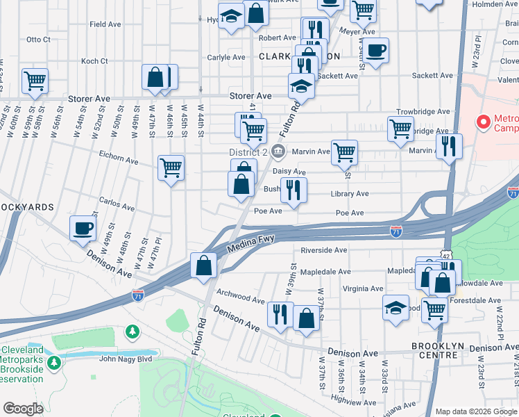 map of restaurants, bars, coffee shops, grocery stores, and more near 4015 Poe Avenue in Cleveland