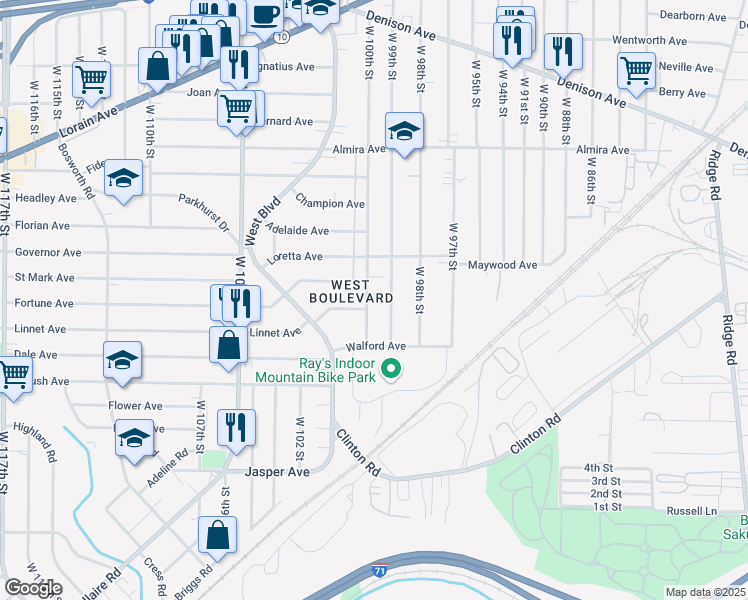 map of restaurants, bars, coffee shops, grocery stores, and more near 3539 West 100th Street in Cleveland