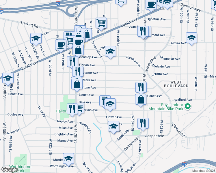 map of restaurants, bars, coffee shops, grocery stores, and more near 11021 Fortune Avenue in Cleveland