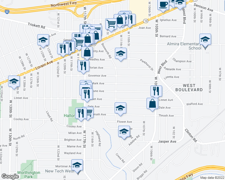 map of restaurants, bars, coffee shops, grocery stores, and more near in Cleveland