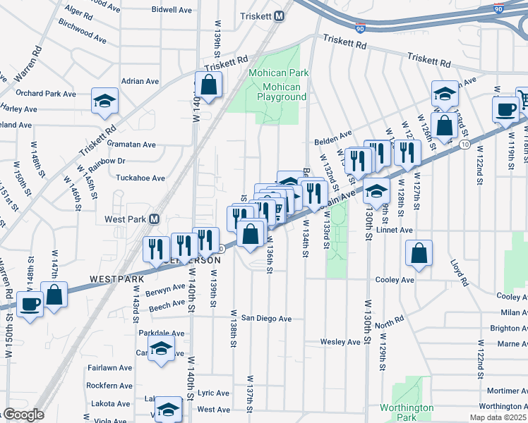 map of restaurants, bars, coffee shops, grocery stores, and more near 13510 Lorain Avenue in Cleveland