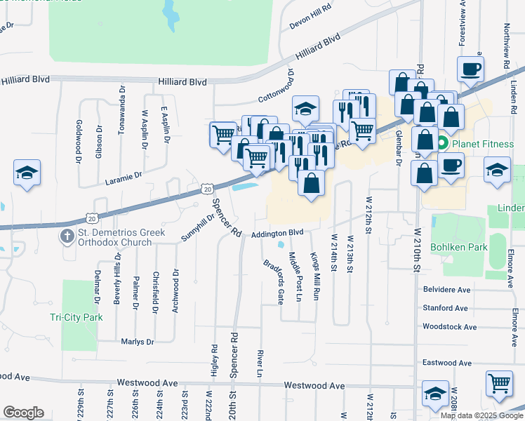map of restaurants, bars, coffee shops, grocery stores, and more near 21900 Addington Boulevard in Rocky River