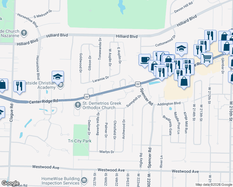 map of restaurants, bars, coffee shops, grocery stores, and more near 36 Nantucket Row in Rocky River