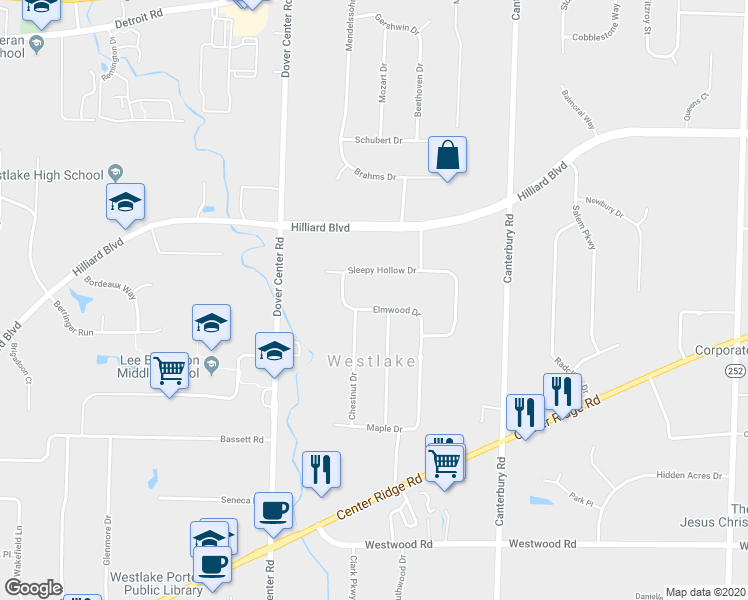 map of restaurants, bars, coffee shops, grocery stores, and more near 26945 Elmwood Drive in Westlake