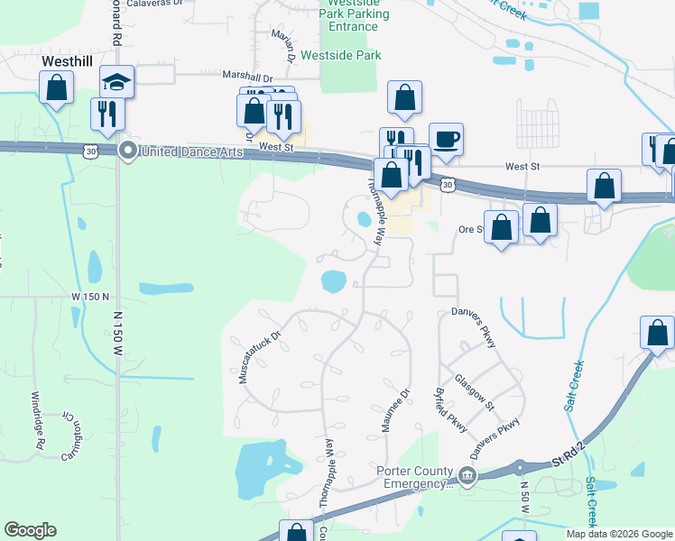 map of restaurants, bars, coffee shops, grocery stores, and more near 1264 Clifty Falls Court in Valparaiso