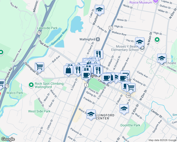 map of restaurants, bars, coffee shops, grocery stores, and more near 51 Quinnipiac Street in Wallingford