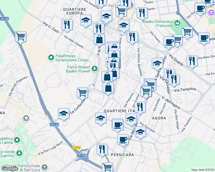 map of restaurants, bars, coffee shops, grocery stores, and more near 297 Viale Le Corbusier in Latina