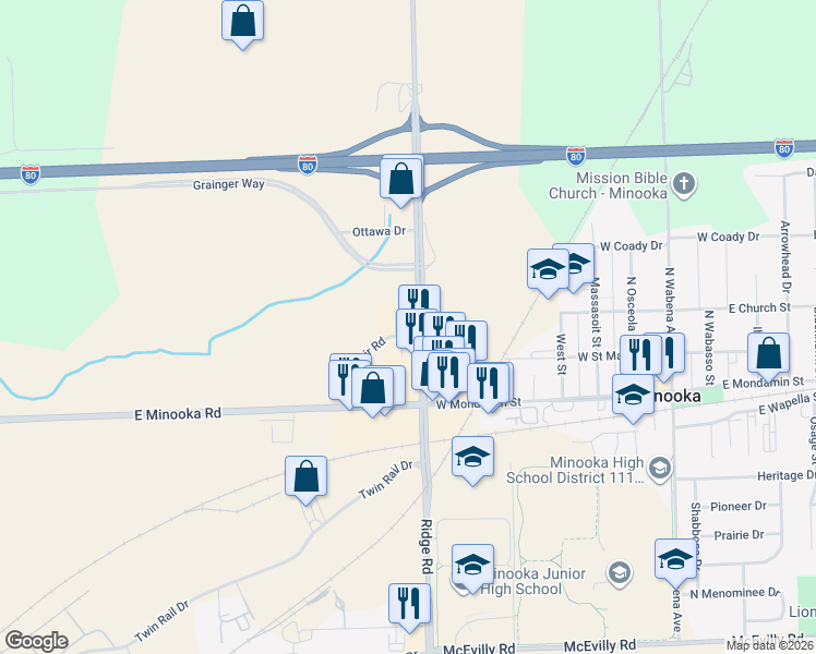 map of restaurants, bars, coffee shops, grocery stores, and more near 501 Bob Blair Road in Minooka