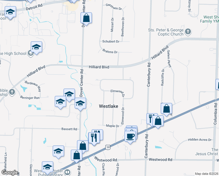 map of restaurants, bars, coffee shops, grocery stores, and more near 26945 Elmwood Drive in Westlake